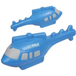 A blue helicopter-shaped stress reliever featuring a logo, designed for fun and stress relief.