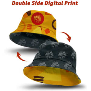 A RPET bucket hat featuring a reversible design with a yellow side and a dark side, both adorned with print patterns and logos.