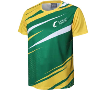 A vibrant yellow and green sport t-shirt featuring dynamic patterns and a logo. Made from 100% polyester.