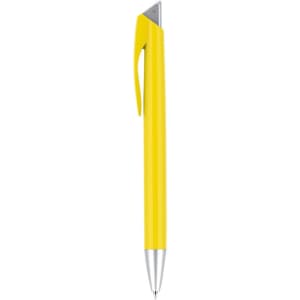 A yellow plastic pen with a silver clip and a pointed tip, featuring a logo on the barrel.
