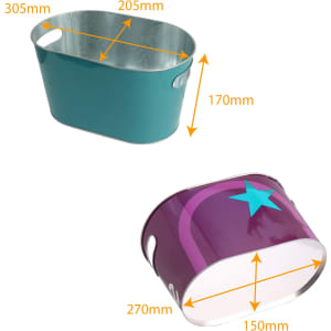 An oval ice bucket in teal and purple with a star design, featuring metal handles and measurements indicated.