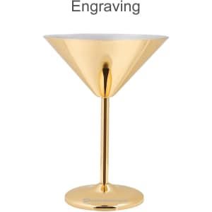 A stainless steel martini goblet in a shiny gold finish, featuring a logo on the base.