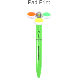 A fidget pen featuring a bright green barrel and a spinning top with orange, yellow, and green accents. It has a logo.