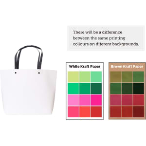 A small white boutique paper bag with black handles, displayed alongside colour swatches for printing options.