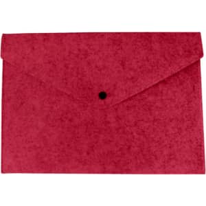 A red felt file folder featuring a flap closure and a black button for securing contents.