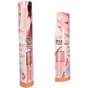 Two cylindrical cardboard displays featuring a cosmetics product, primarily in shades of peach and beige, with a branding logo.