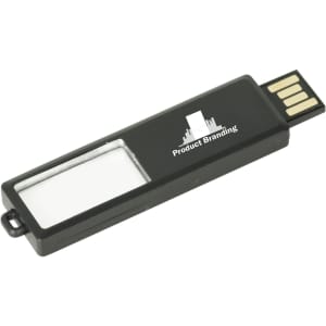 A black sliding acrylic flash drive with a transparent section and a branding logo on the side.
