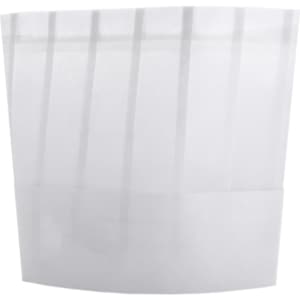 A white disposable non-woven kids chef hat with a simple design and a logo on the side.