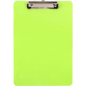 A vibrant green clipboard with a silver metal clip at the top. Ideal for various office tasks.