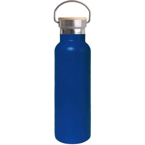 A drink bottle in deep blue with a stainless steel top and bamboo lid, featuring a carrying handle.