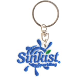 A blue and white custom-shaped PVC keyring featuring a logo, attached to a metal ring.