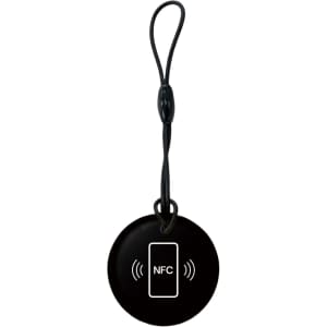 A black round NFC epoxy tag with a strap for attachment, featuring a symbol indicating NFC functionality.