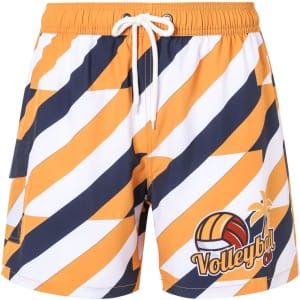 Bright orange, navy, and white striped board shorts with a drawstring, pocket, and a volleyball graphic. Features a logo.