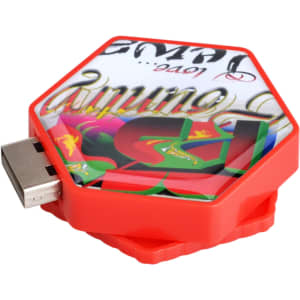 A hexagon-shaped flash drive in red with a colourful design and a metal USB connector on one side.