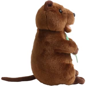 A brown quokka plush toy holding a stick, depicted in a side view with a simple white background.