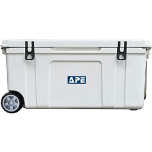 A white 120L cooler box with wheels features latches and a logo. Suitable for transporting items.