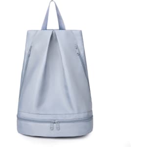 A light blue backpack with a handle and zippered compartments featuring a logo.