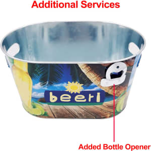 An oval ice bucket in metallic finish featuring a beach theme, with a bottle opener attachment.