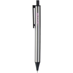 A silver plastic click pen with a black tip and clip, featuring a logo on the barrel.
