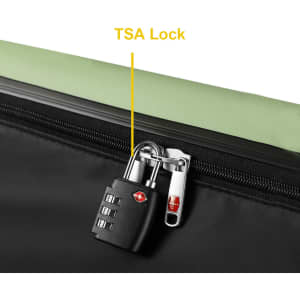 A black wheeled suitcase with a TSA lock displayed on the zipper, featuring a green accent. It has a logo.