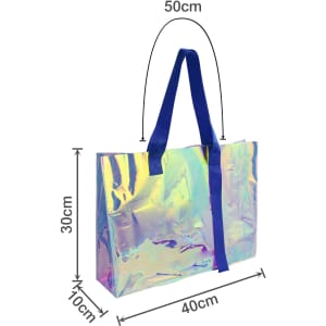 A colourful, transparent PVC tote bag with blue handles, measuring 50cm wide by 30cm high.