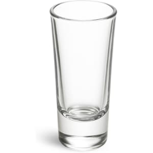 A clear glass shot glass with a thick base, ideal for serving drinks. The image features a simple, elegant design.