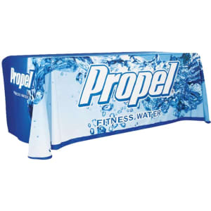 A 4ft tablecloth in blue, featuring a water splash design and a logo.