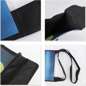 A custom sublimation crossbody bag featuring a blue and black design with a textured strap and interior.