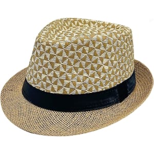 A straw woven top hat featuring a geometric pattern in beige and white, with a black band around the base.