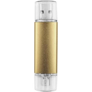 A double-end flash drive in gold and clear design, featuring two USB connectors and a sleek cylindrical shape.