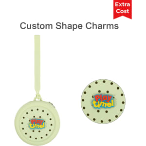 A round, pale green silicone pouch with holes and a branding logo, featuring a detachable strap.