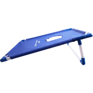 A blue portable cornhole game board with white accents, featuring foldable legs and a handle for easy transport.