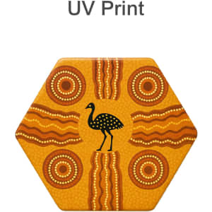 A hexagon ceramic coaster featuring vibrant orange and yellow patterns with a black emu design. It has a logo.