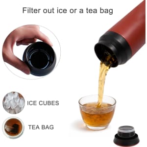 A drink bottle in red and black, featuring a pouring mechanism with an infuser for filtering tea bags or ice cubes.