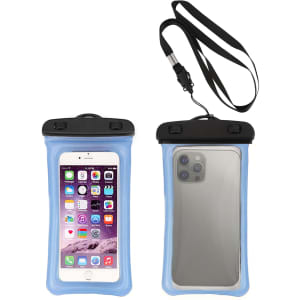 A waterproof blue cellphone dry bag with a black strap, designed to fit various mobile phones.