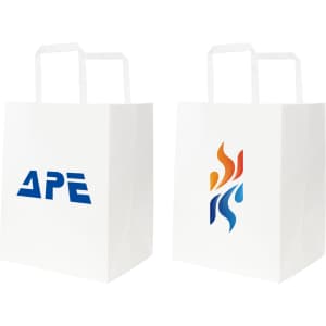 A flat handle kraft paper bag in white featuring a logo on one side and an abstract design on the other.