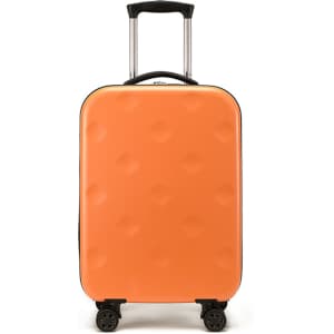 An orange collapsible suitcase with a textured surface, featuring a retractable handle and four wheels.