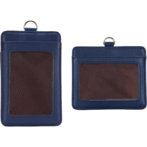 A navy blue PU leather card holder featuring two compartments with clear windows and a ring at the top.