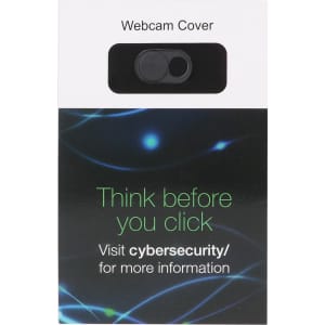 A webcam cover in black, packaged with a design featuring blue and green abstract lines and a logo.