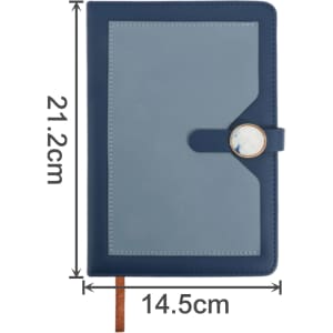 A blue magnetic buckle pocket notebook with dimensions 21.2cm by 14.5cm and a decorative circular clasp.