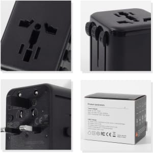 A black universal travel adapter with multiple plug types and USB ports, featuring a compact design and a logo.