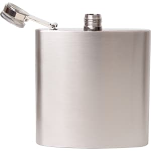 A stainless steel hip flask with a brushed finish and a screw-on cap. The flask has a simple design and a logo.
