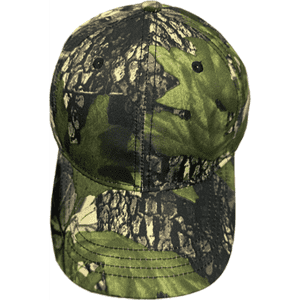A 6-panel cap in true timber camouflage featuring shades of green, brown, and black, with a logo on the front.