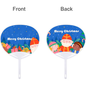 A PVC hand fan featuring a festive design with Santa and children, in blue and white colours. It has a logo.