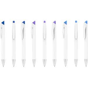 A set of grey pens with various coloured tips including blue and purple, arranged in a row against a white background.