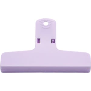 A purple plastic clip with a flat base and a hanging hole at the top. It includes a logo on the surface.