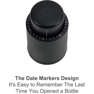 A drink bottle with a black push button wine stopper featuring a scale to mark dates. It has a sleek design and includes branding.