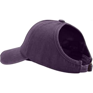 A purple Ponytail Top Hat with an open back for a ponytail. The hat has a curved brim and a soft texture.