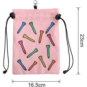 A pink pouch with a drawstring closure and colourful golf tees printed on the front. It has a clip for attachment.