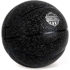 A black mini basketball with a textured surface and a logo on it, designed for leisure and sports activities.